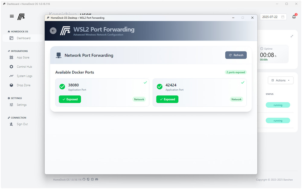 HomeDock OS Desktop WSL2 Port Forwarding Feature on Windows